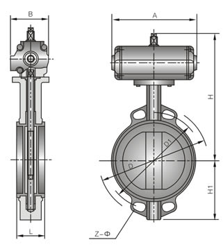 D671X/F/J/H/S-10/16C(Q/P)對夾式氣動(襯膠)脫硫蝶閥外形尺寸圖