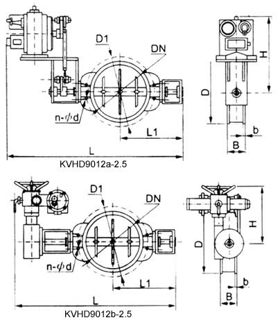 KVGD9012電動高溫蝶閥外形尺寸圖