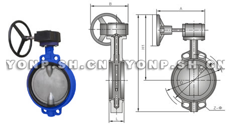 D371X/F/J/H/S-10/16C(Q/P)蝸輪對夾蝶閥外形尺寸圖