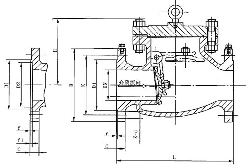 Hy44F/W- P/T旋啟式氧氣法蘭止回閥外形尺寸圖