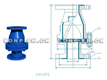 H44J/FS襯氟旋啟式法蘭止回閥外形尺寸圖