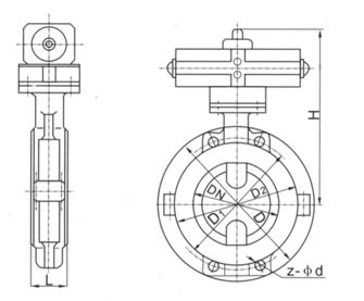 DA671型對夾連接氣動中線蝶閥外形尺寸圖