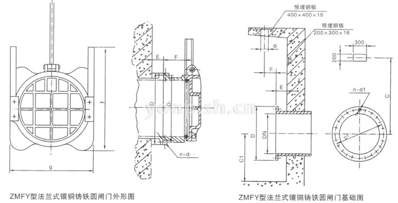 ZMFY型法蘭式鑲銅鑄鐵圓閘門 外形圖及基礎(chǔ)圖