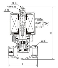  2L內(nèi)螺紋蒸汽電磁閥內(nèi)部結(jié)構(gòu)外形示意圖